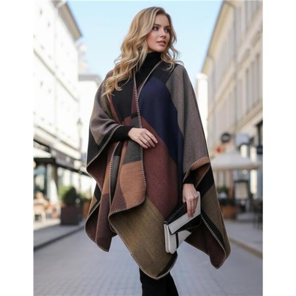 Women's Shawl Wraps Open Front Poncho Cape Oversized Sweaters Casual Cardigan - Picture 4 of 7